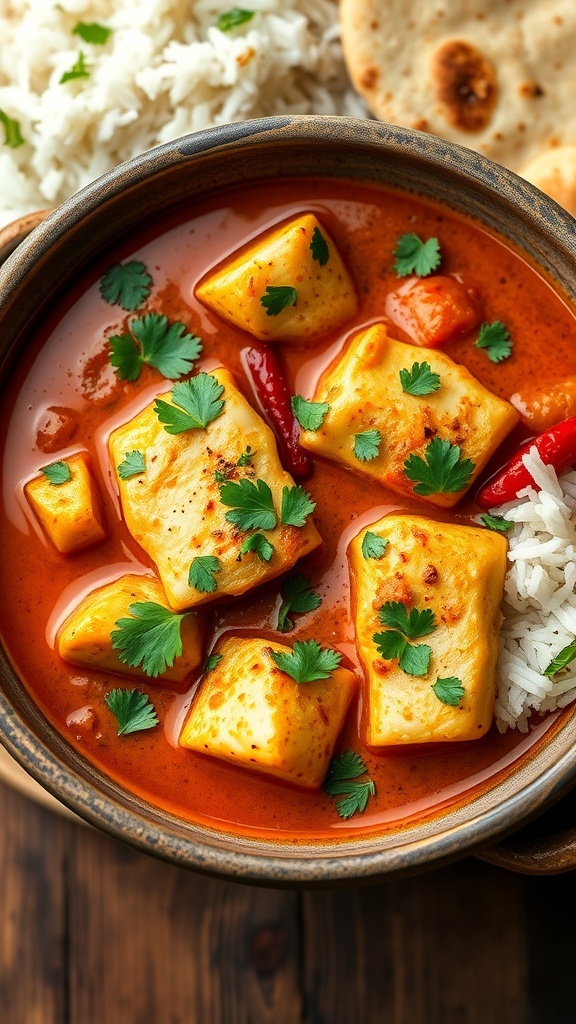 A bowl of spicy tilapia curry with coconut sauce and cilantro, served with rice and naan.